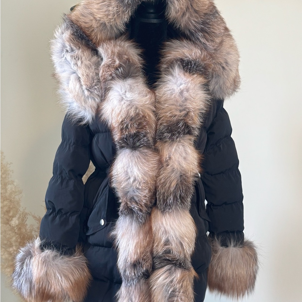 Luxurious Black and Brown Fur-Trimmed Women's Coat
